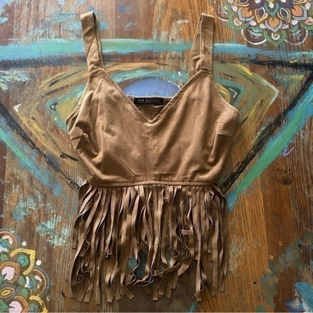 Bajee Collection Fringed Crop Top Size Small Brown/Tan - Picture 1 of 4